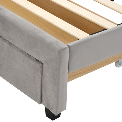 Queen Size Storage Bed Velvet Upholstered Platform Bed with a Big Drawer - Gray