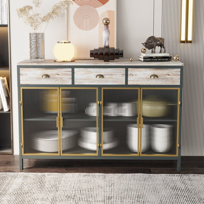 48"  Wide 4 Glass Doors Modern Sideboard with 3 Top Drawers, Freestanding Sideboard Storage Cabinet Entryway Floor Cabinet for Living Room Office Bedroom