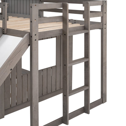 Wooden Twin Over Full Bunk Bed, Loft Bed with Playhouse, Farmhouse, Ladder, Slide and Guardrails, White(OLD SKU :LT000028AAE)