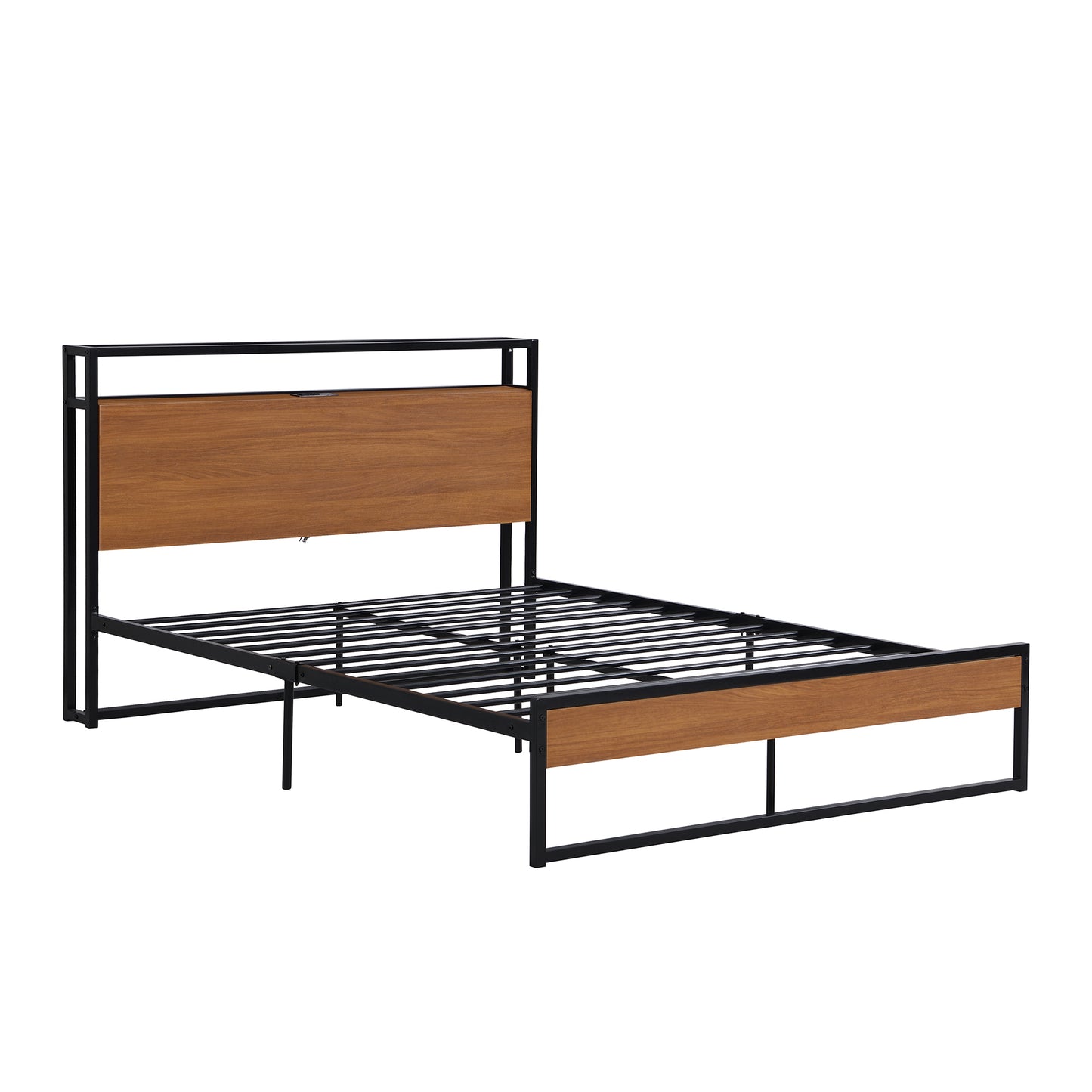 Full Size Metal Platform Bed Frame with Sockets, USB Ports and Slat Support ,No Box Spring Needed Black