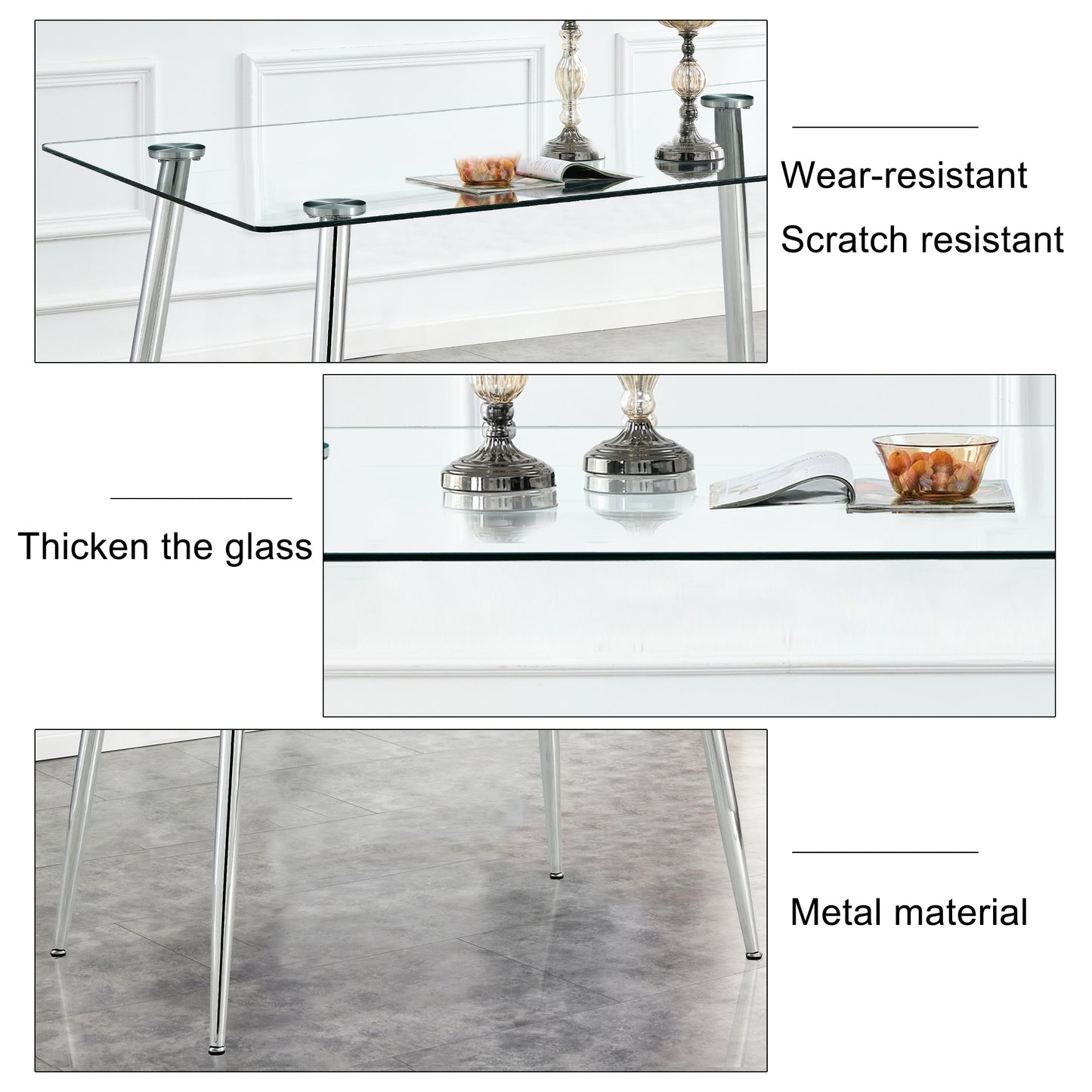 Modern Minimalist Rectangular Glass Dining Table for 4-6 with 0.31" Tempered Glass Tabletop and Silver Chrome Metal Legs, Writing Table Desk, for Kitchen Dining Living Room, 47" W x 29"D x 30" H