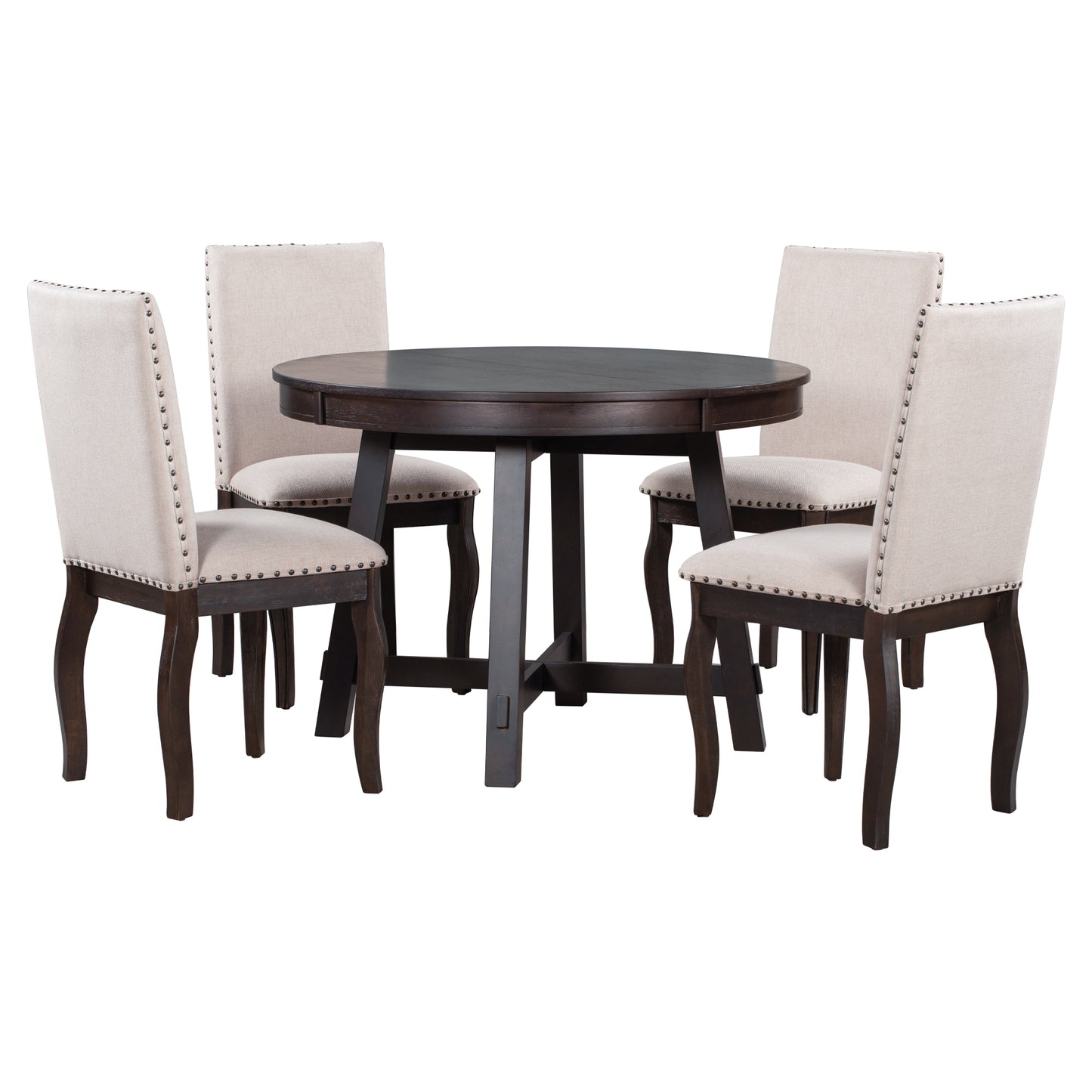 TREXM 5-Piece Farmhouse Dining Table Set Wood Round Extendable Dining Table and 4 Upholstered Dining Chairs (Espresso)