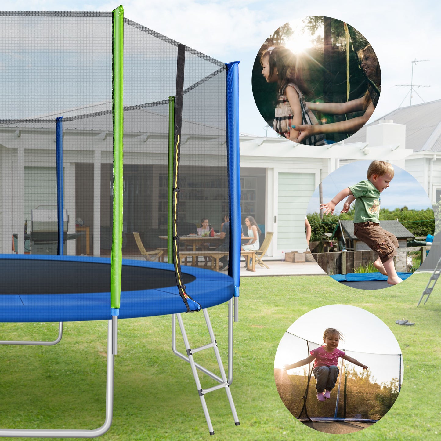 12FT Trampoline for Kids with Safety Enclosure Net, Ladder and 8 Wind Stakes, Round Outdoor Recreational Trampoline