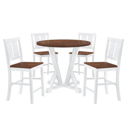 TOPMAX Rustic Farmhouse 5-Piece Counter Height Dining Table Set, Round Kitchen set with 4 Dining Chairs and Thick Tabletop, Brown