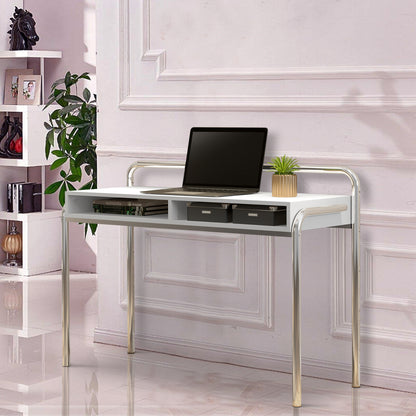 Office Desk with 2 Compartments and Tubular Metal Frame, White and Chrome