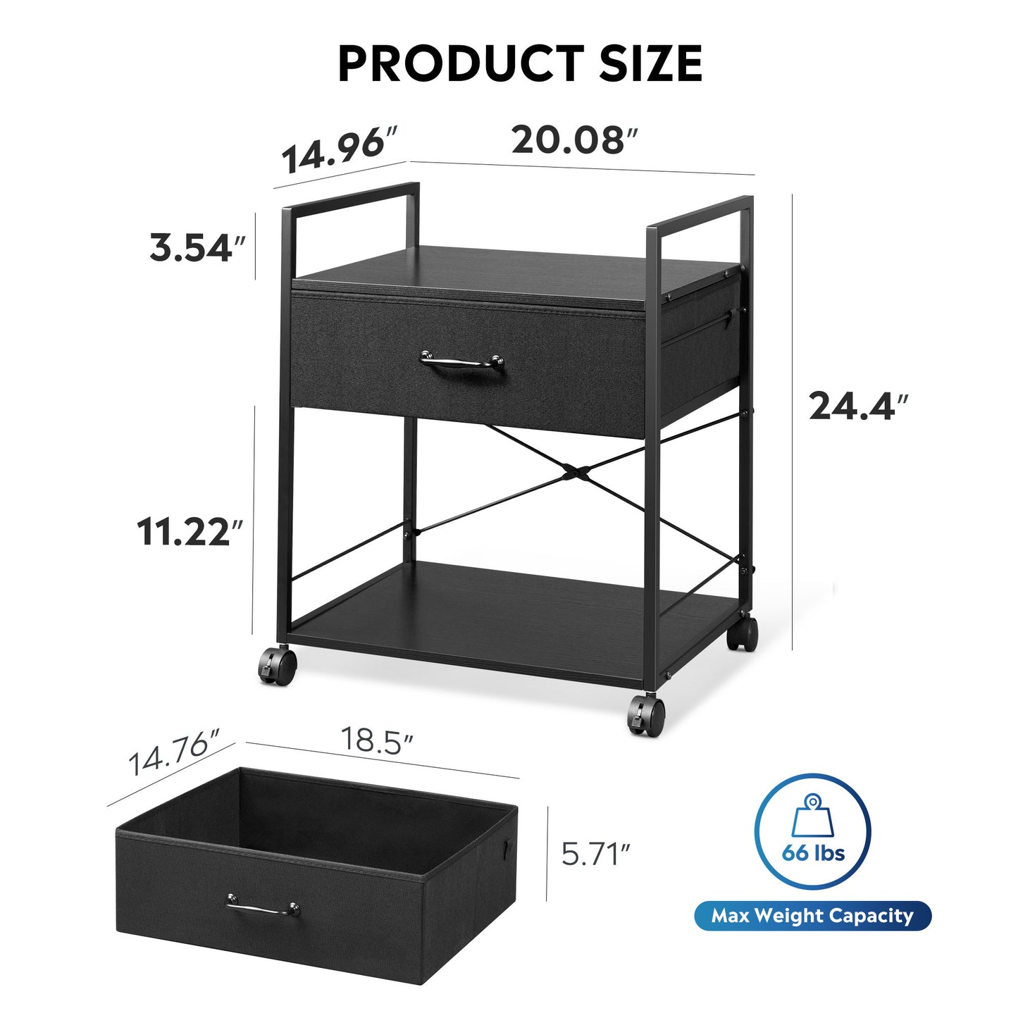 Mobile Printer Stand with Storage Drawer, Vintage Fabric File Cabinet Printer Cart for Home Office, Black