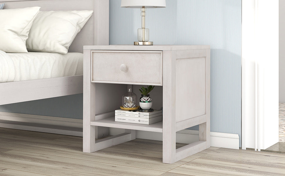 Wooden Nightstand with a Drawer and an Open Storage,End Table for Bedroom,Anitque White