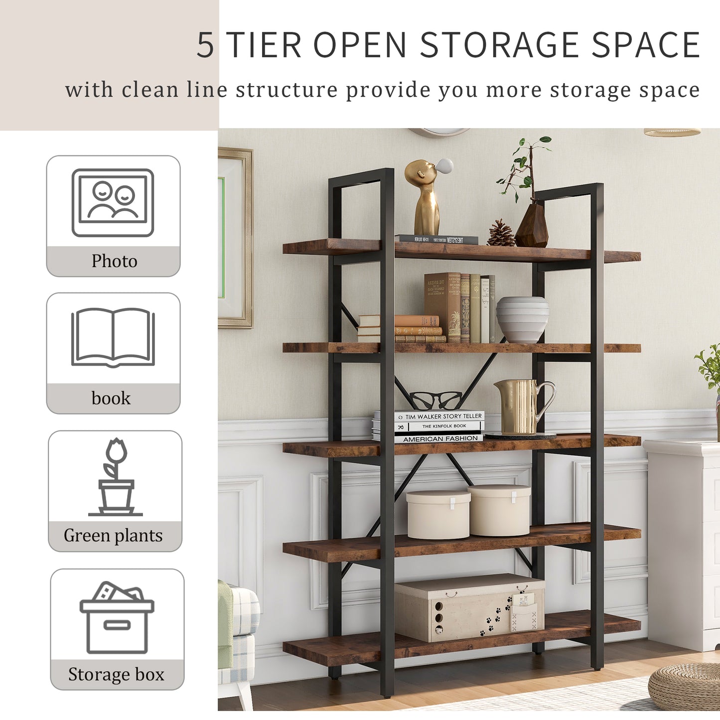 ON-TREND  5-tier Industrial Bookcase with Rustic Wood and Metal Frame, Large Open Bookshelf for Living Room（Distressed Brown）