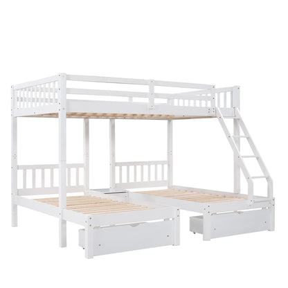 Full Over Twin & Twin Bunk Bed, Wood Triple Bunk Bed with Drawers and Guardrails  (White) （OLD SKU:LP000143AAK）