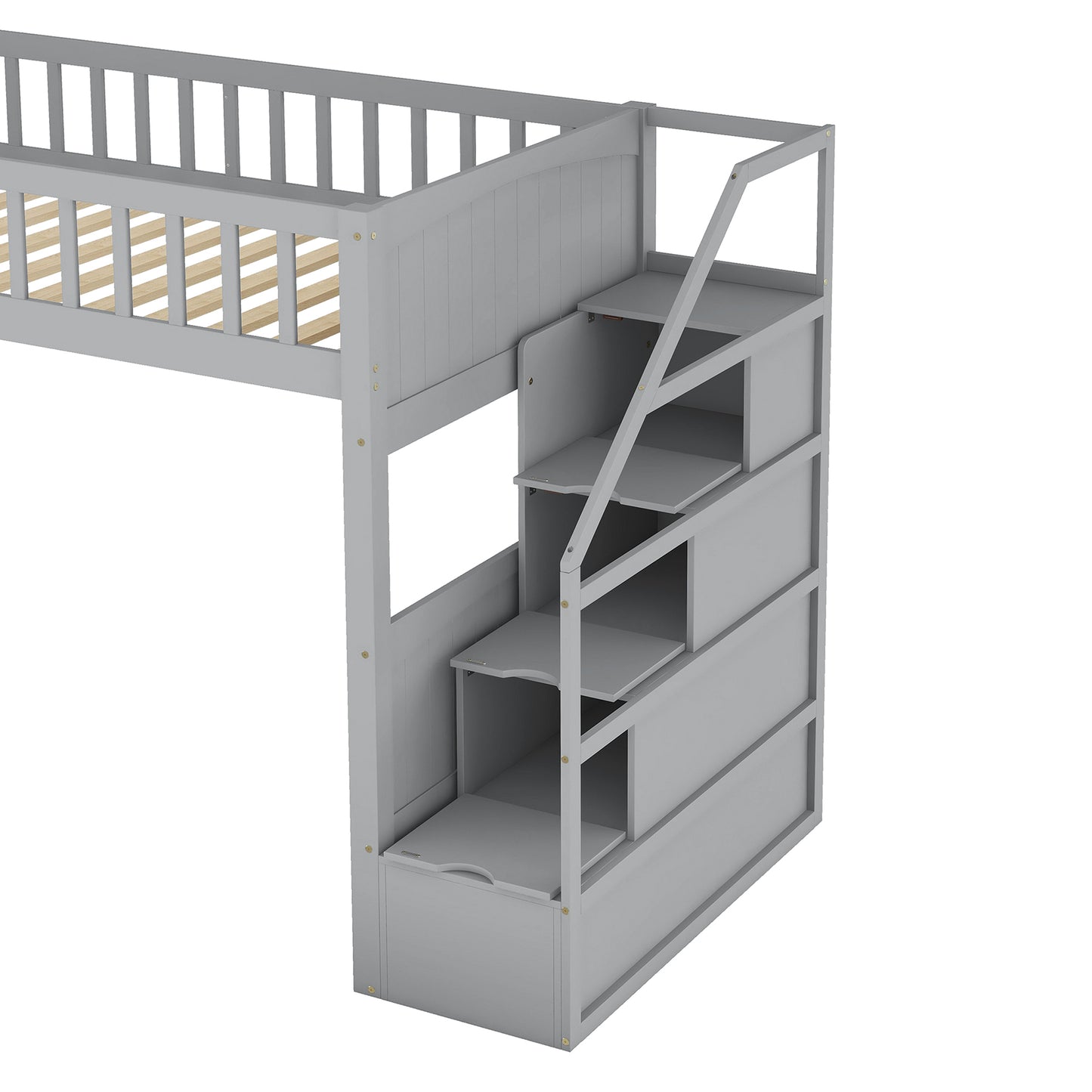 Twin over Twin Wooden L-Shaped Bunk Bed with Ladder and Stairway,Grey(OLD SKU:SM000303AAE-1)