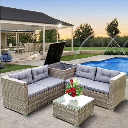 4 Piece Patio Sectional Wicker Rattan Outdoor Furniture Sofa Set with Storage Box Grey