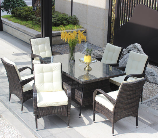 Patio 7-Piece Rectangular Dining Set with 6 Dining Chairs (Brown &Beige Cushion )