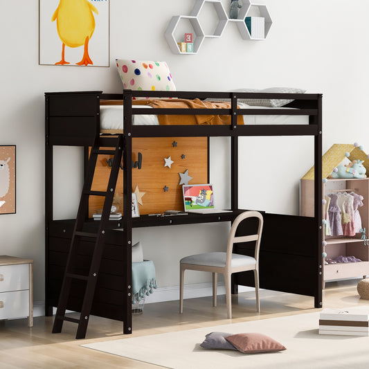 Twin size Loft Bed with Desk and Writing Board, Wooden Loft Bed with Desk - Espresso