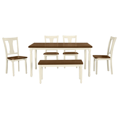 TREXM Classic 6-Piece Dining Set Wooden Table and 4 Chairs with Bench for Kitchen Dining Room (Brown+Cottage White)