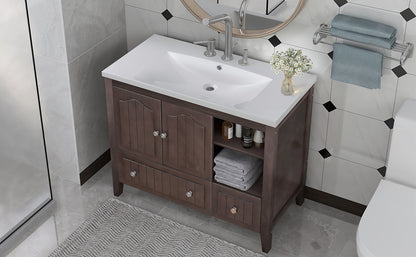 [VIDEO] 36" Bathroom Vanity with Ceramic Basin, Bathroom Storage Cabinet with Two Doors and Drawers, Solid Frame, Metal Handles, Brown