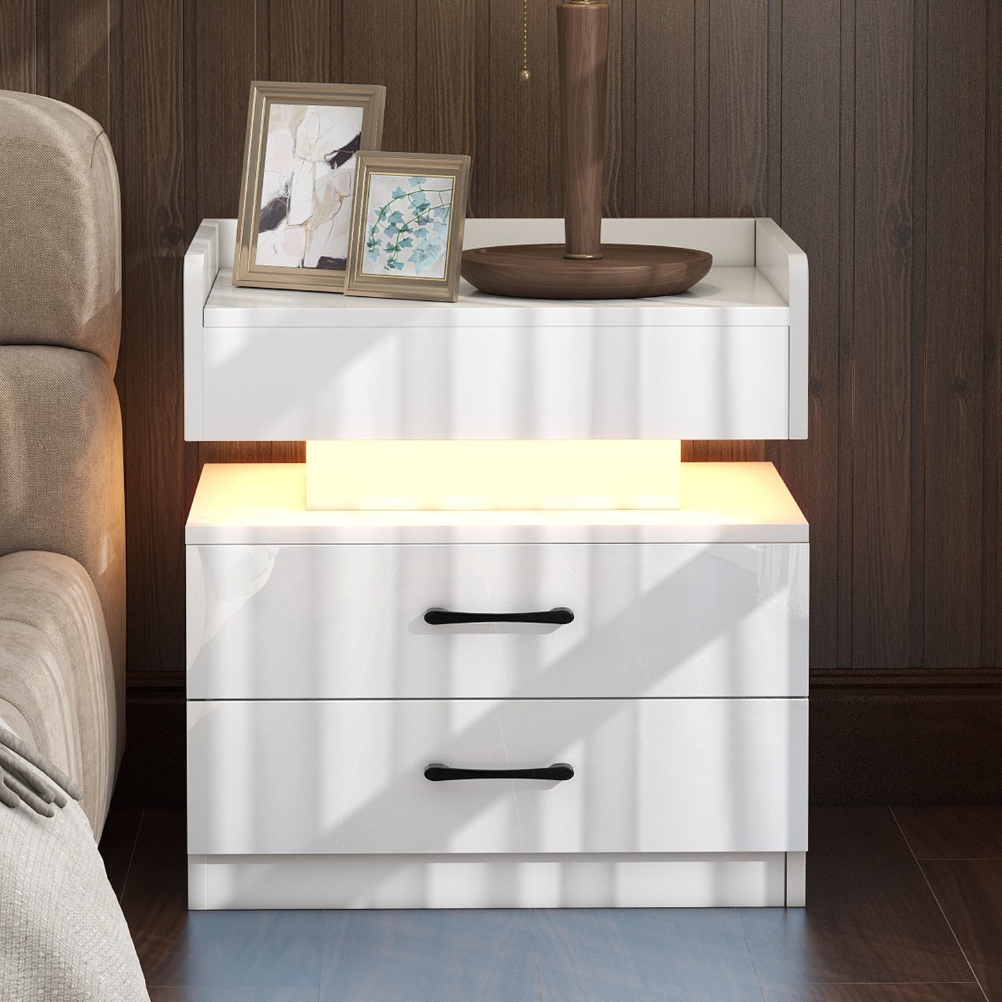 Nightstand with 2 Drawers,USB Charging Ports, Wireless Charging and Remote Control LED Light-White