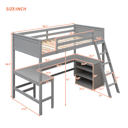 Twin size Loft Bed with Shelves and Desk, Wooden Loft Bed with Desk - Gray(OLD SKU:LT000537AAE)