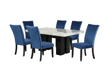 7-piece Dining Table Set with 1 Faux Marble Dining Rectangular Table and 6 Upholstered-Seat Chairs ,for Dining room and Living Room ,Blue