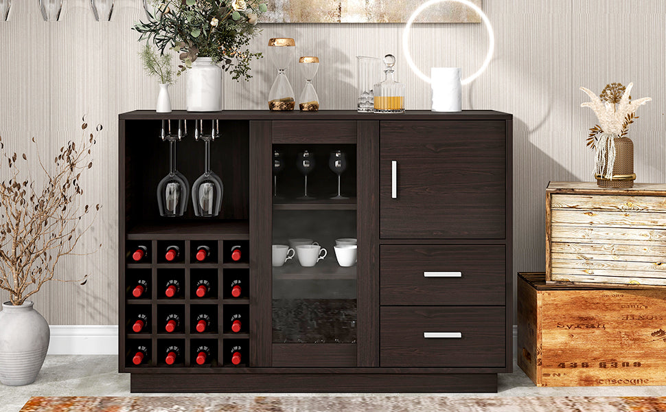 TREXM Kitchen Functional Sideboard with Glass Sliding Door and Integrated 16 Bar Wine Compartment, Wineglass Holders (Espresso)