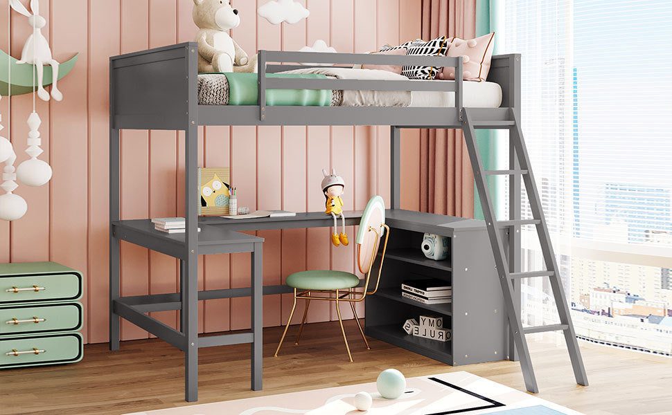 Full size Loft Bed with Shelves and Desk, Wooden Loft Bed with Desk - Gray