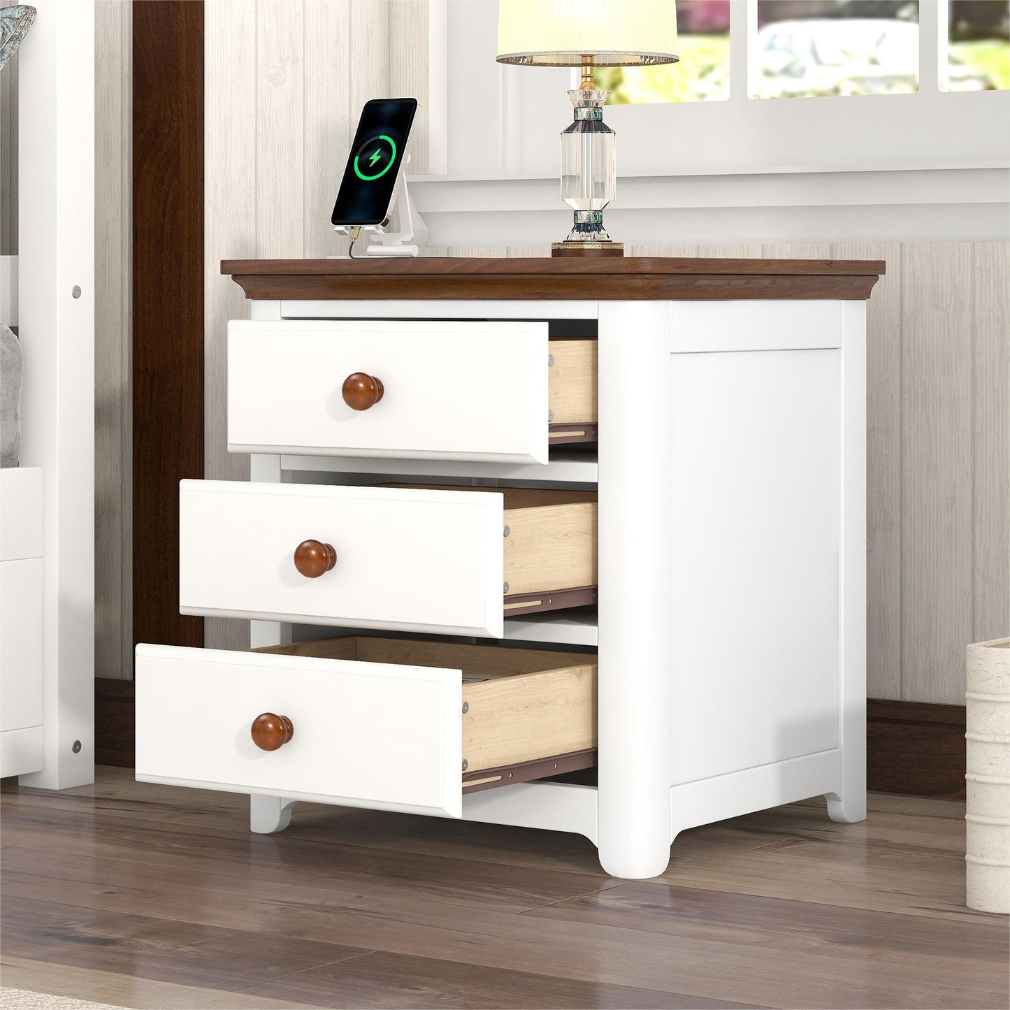 Wooden Nightstand with USB Charging Ports and Three Drawers,End Table for Bedroom,White+Walnut