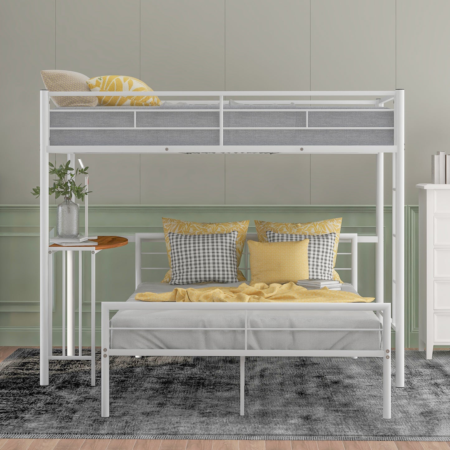 Twin Over Full Metal Bunk Bed with Desk, Ladder and Quality Slats for Bedroom, Metallic  White（OLD SKU :LP000092AAK）