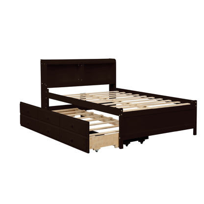 Full Bed with Bookcase,Twin Trundle,Drawers,Espresso