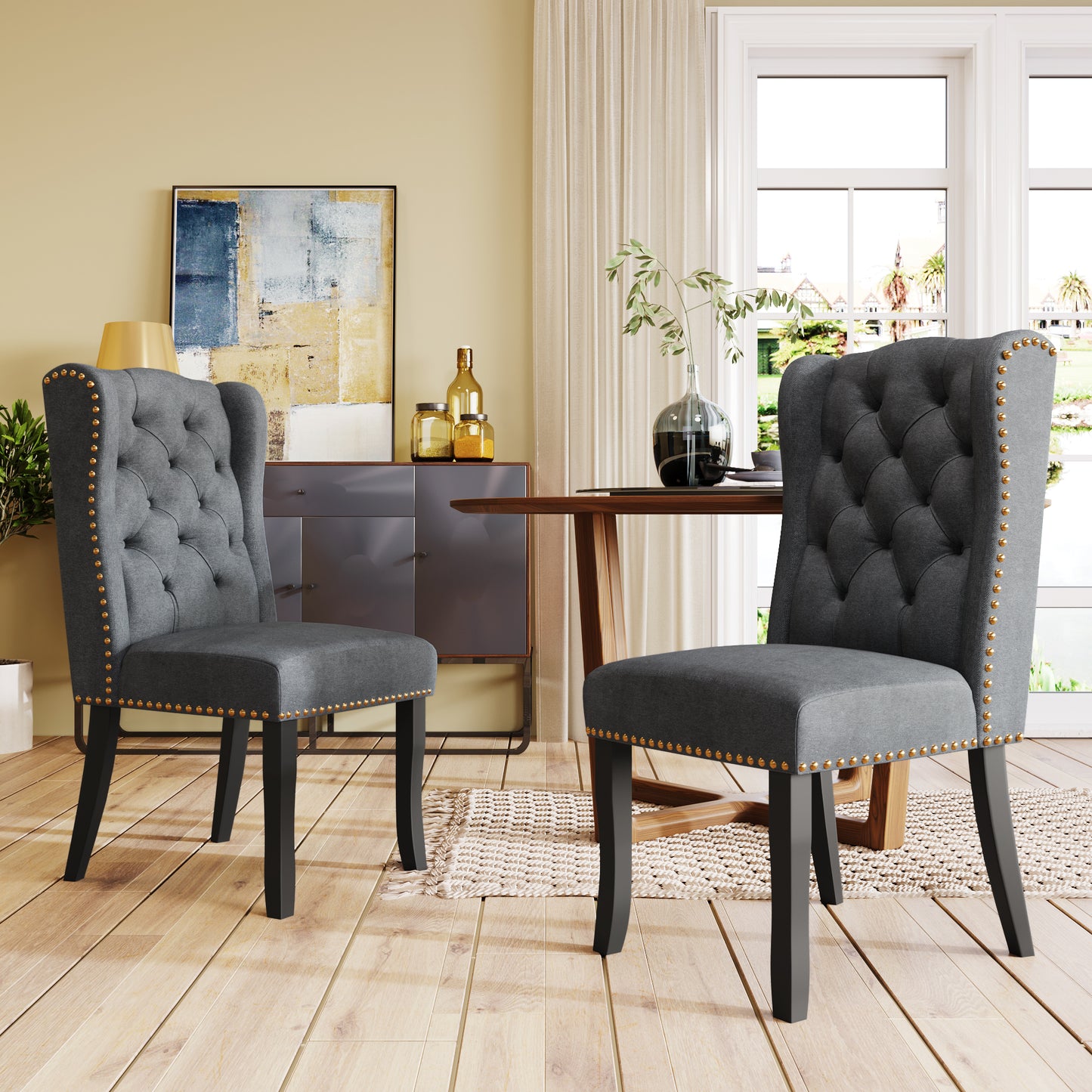 TREXM Cotton Fabric Dining Chairs Set of 2, Upholstered Dining Room Chairs with Solid Wood Legs, Wingback and Button Tufting (Dark Gray)