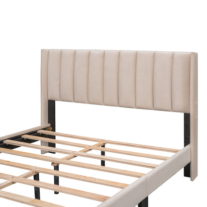 Queen Size Storage Bed Velvet Upholstered Platform Bed with a Big Drawer - Beige