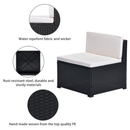 GO 5-Piece Patio Rattan PE Wicker Furniture Corner Sofa Set, with 2 Sofa chairs, 1 Corner chair, 1 ottoman and 1 glass coffee table, Sectional Sofa Chair, Seating, Lying(Black Wicker, Beige Cushion)