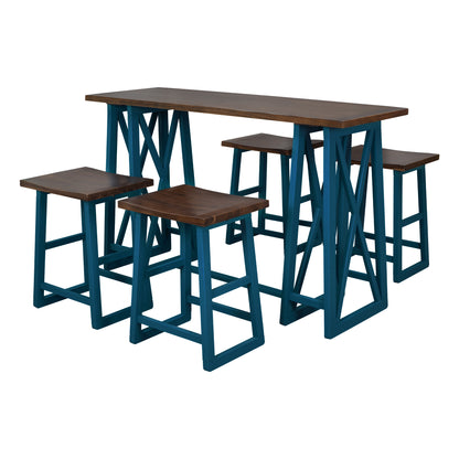 TOPMAX Rustic Counter Height 5-Piece Dining Set, Wood Console Table Set with 4 Stools for Small Places,Walnut+Blue