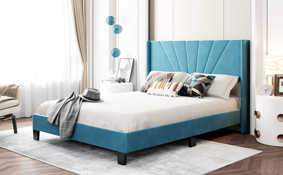 Queen Size Velvet Upholstered Platform Bed, Box Spring Needed - Blue