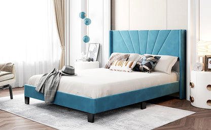 Queen Size Velvet Upholstered Platform Bed, Box Spring Needed - Blue