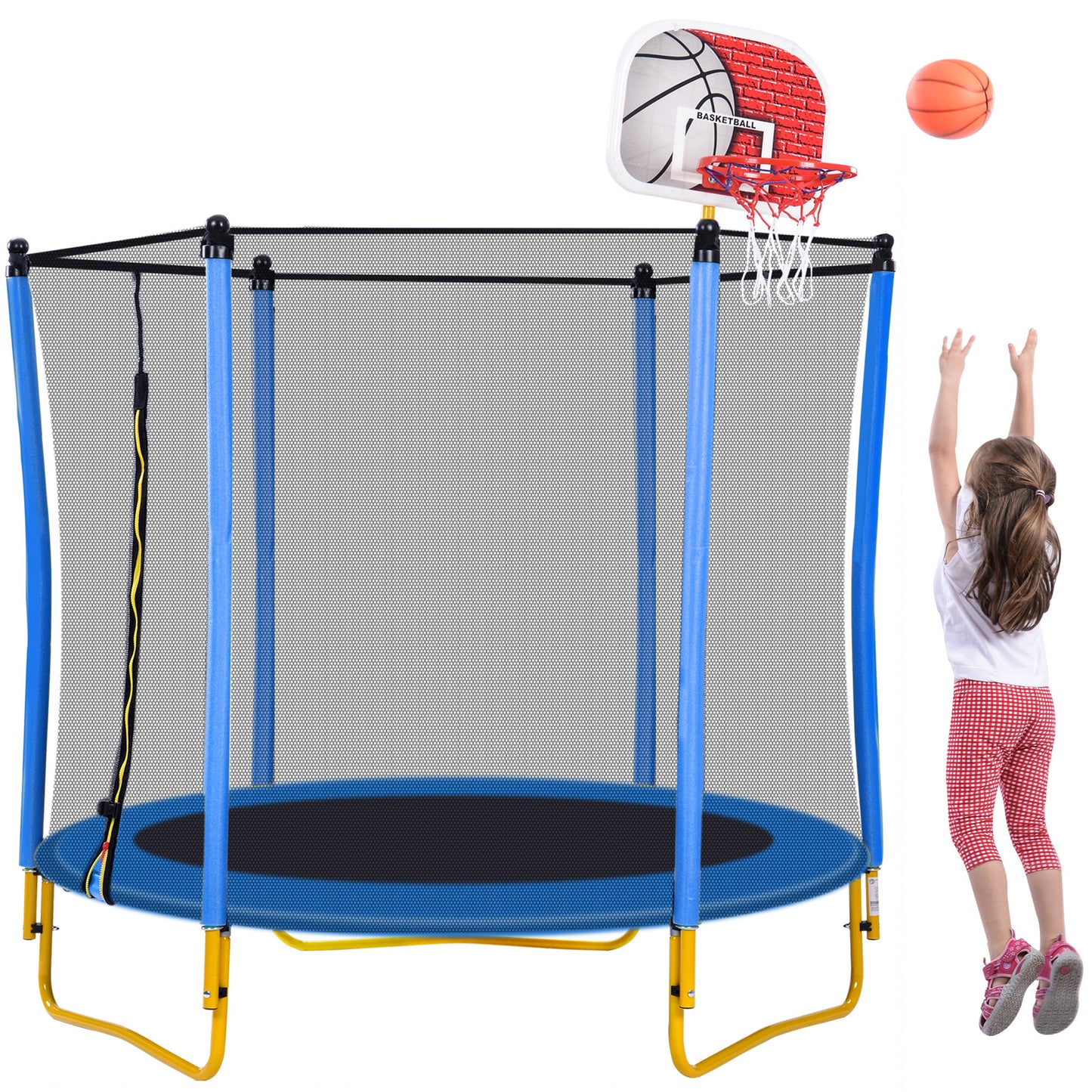 5.5FT Trampoline for Kids - 65" Outdoor & Indoor Mini Toddler Trampoline with Enclosure, Basketball Hoop and Ball Included