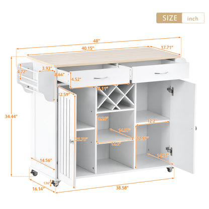 K&K Store Kitchen Island Cart with Two Storage Cabinets and Four Locking Wheels，Wine Rack, Two Drawers,Spice Rack, Towel Rack （White）