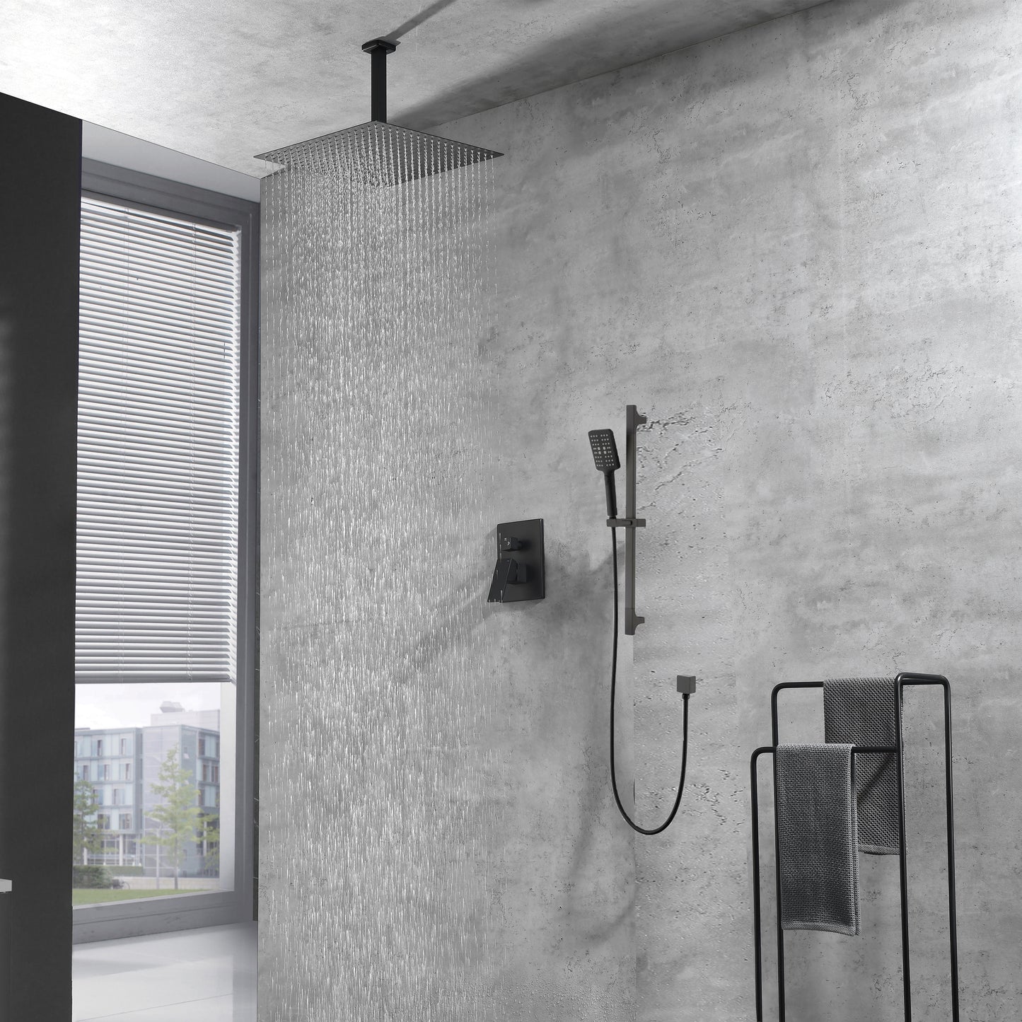 Shower System 16Inch Square Bathroom Luxury Rain Mixer Shower Combo Set Pressure Balanced Shower System with Shower Head, Hand Shower, Slide Bar, Shower Arm, Hose, and Valve Trim