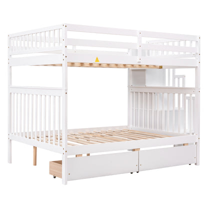 Full Over Full Bunk Bed with 2 Drawers and Staircases, Convertible into 2 Beds, the Bunk Bed with Staircase and Safety Rails for Kids, Teens, Adults, White