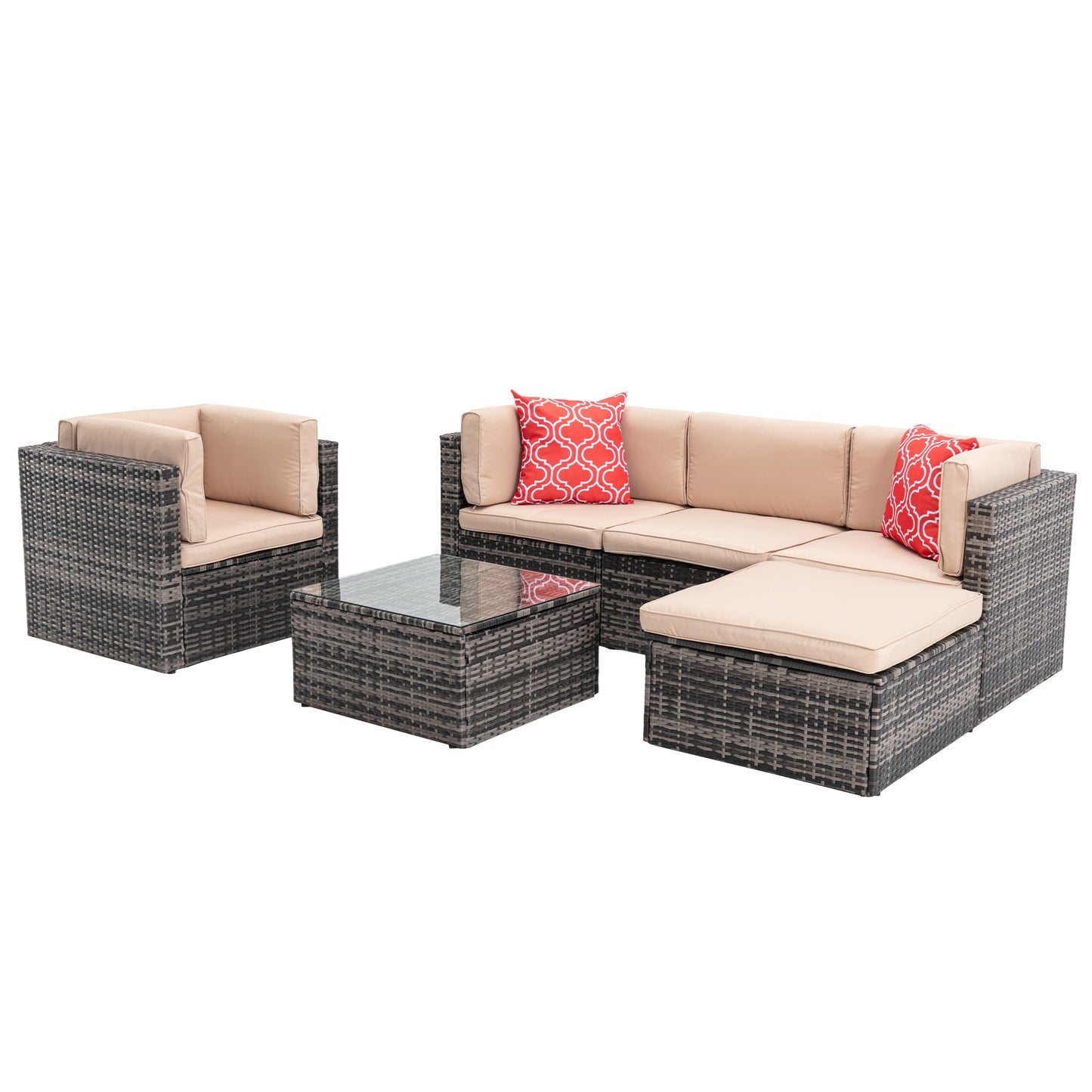 6Pcs Outdoor Garden Patio Furniture  PE Rattan Wicker  Sectional Cushioned Sofa Sets with 2 Pillows and Coffee Table