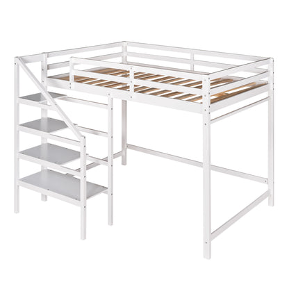 Full Size Loft Bed with Built-in Storage Staircase and Hanger for Clothes,White