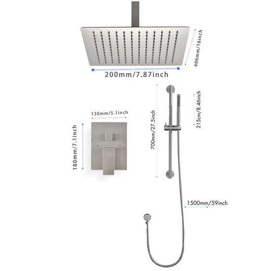 Shower System 16Inch Square Bathroom Luxury Rain Mixer Shower Combo Set Pressure Balanced Shower System with Shower Head, Hand Shower, Slide Bar, Shower Arm, Hose, and Valve Trim