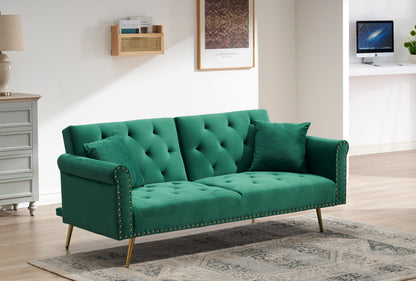 Green velvet nail head sofa bed with throw pillow and midfoot