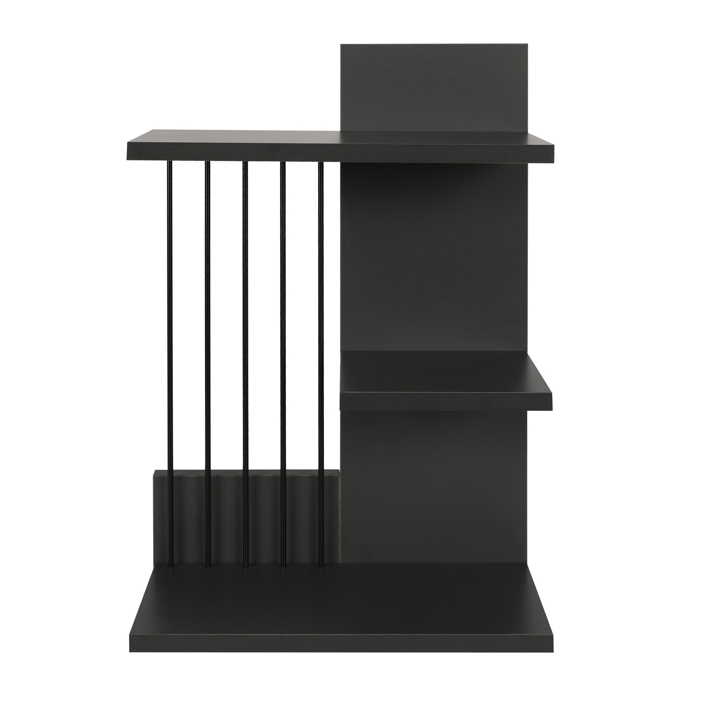 16 Inch 3 Tier Rectangular Wood Floating Wall Mount Shelf with Vertical Bars Accent, Charcoal Gray