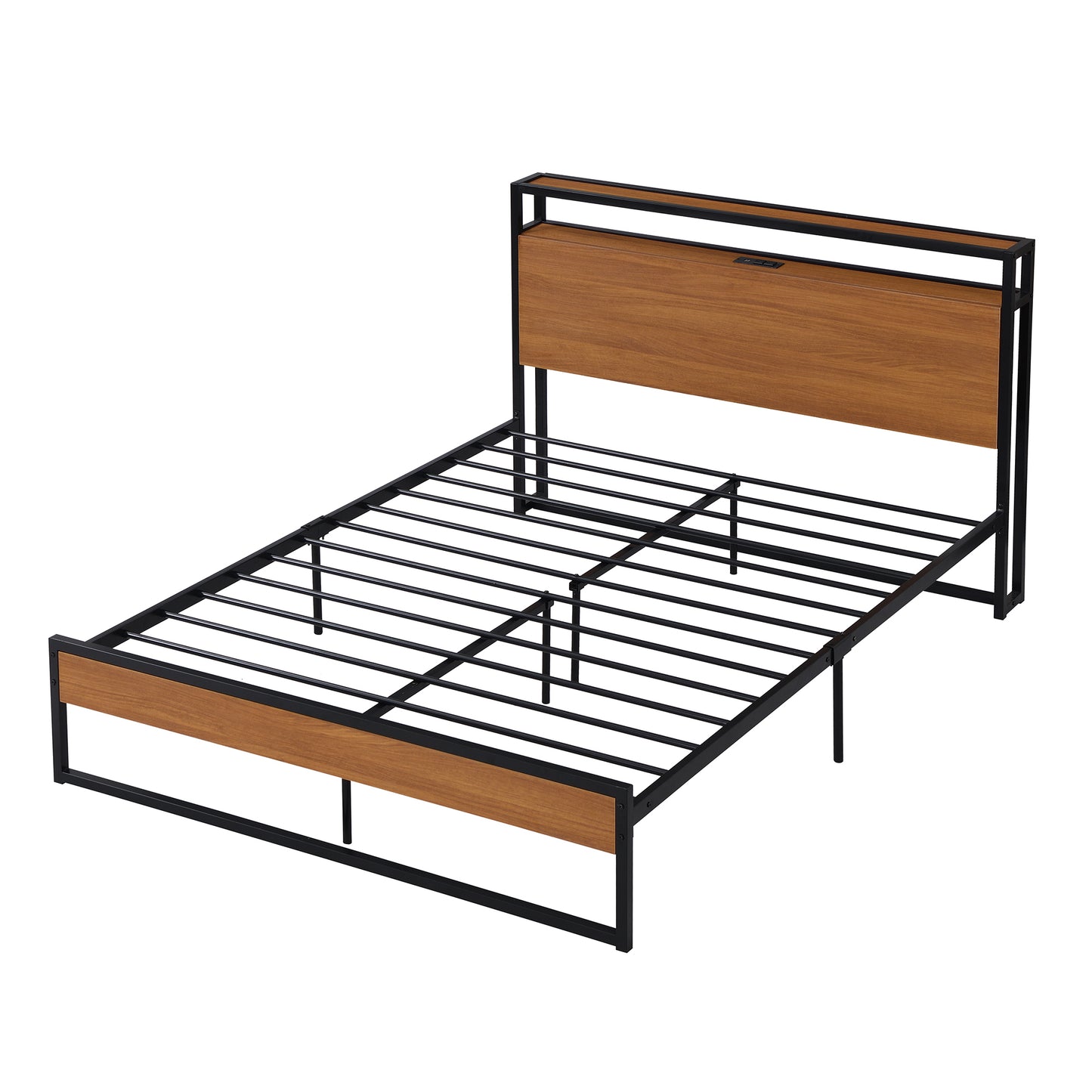 Full Size Metal Platform Bed Frame with Sockets, USB Ports and Slat Support ,No Box Spring Needed Black