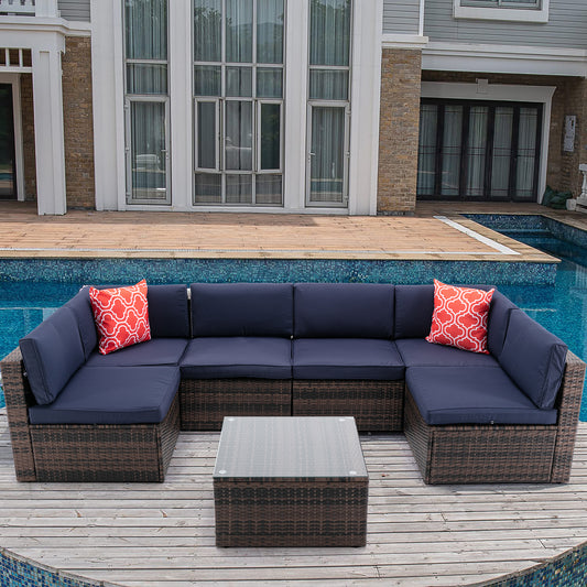 7Pcs Outdoor Garden Patio Furniture  PE Rattan Wicker  Sectional Cushioned Sofa Sets with 2 Pillows and Coffee Table