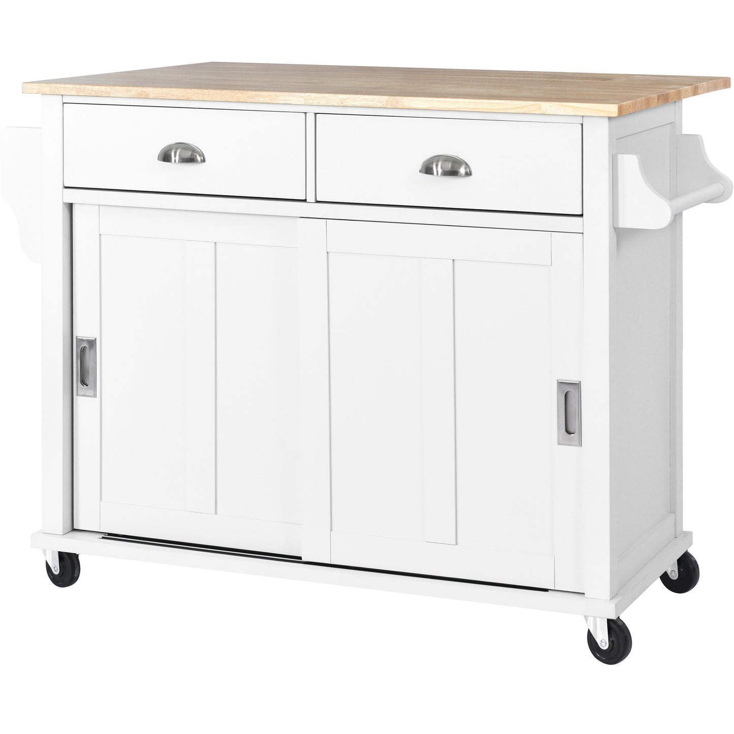 K&K Kitchen Cart with Rubber wood Drop-Leaf Countertop, Concealed sliding barn door adjustable height,Kitchen Island on 4 Wheels with Storage Cabinet and 2 Drawers,L52.2xW30.5xH36.6 inch, White