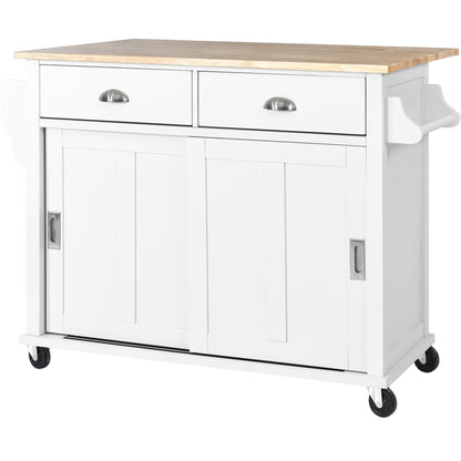 K&K Kitchen Cart with Rubber wood Drop-Leaf Countertop, Concealed sliding barn door adjustable height,Kitchen Island on 4 Wheels with Storage Cabinet and 2 Drawers,L52.2xW30.5xH36.6 inch, White