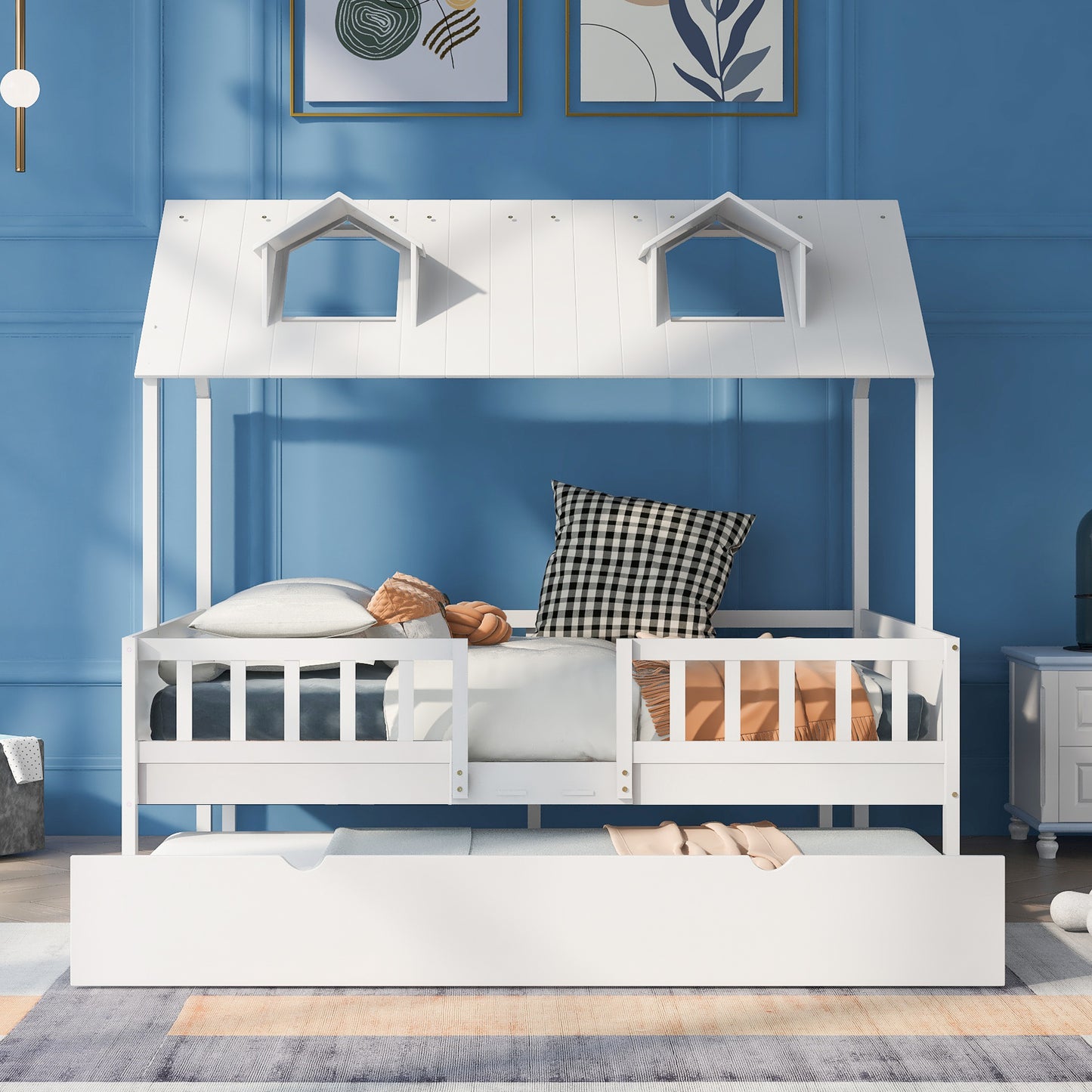 Full Size House Bed Wood Bed with  Twin Size Trundle ( White )