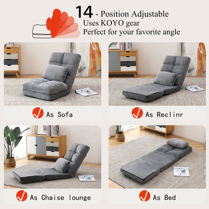 Indoor Chaise Lounge Sofa, Floor Chair with Back Support for Adults, 14 Angle Adjustment Recliner Chair, Folding Floor Lounger with Pillow