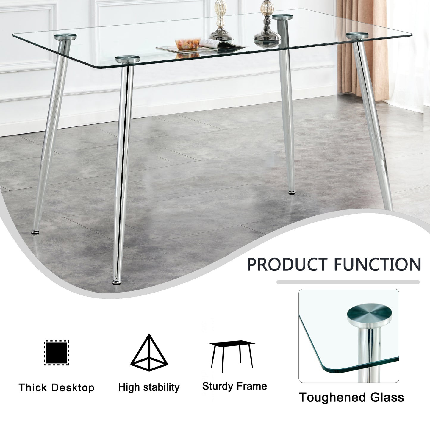 Modern Minimalist Rectangular Glass Dining Table for 4-6 with 0.31" Tempered Glass Tabletop and Silver Chrome Metal Legs, Writing Table Desk, for Kitchen Dining Living Room, 47" W x 29"D x 30" H