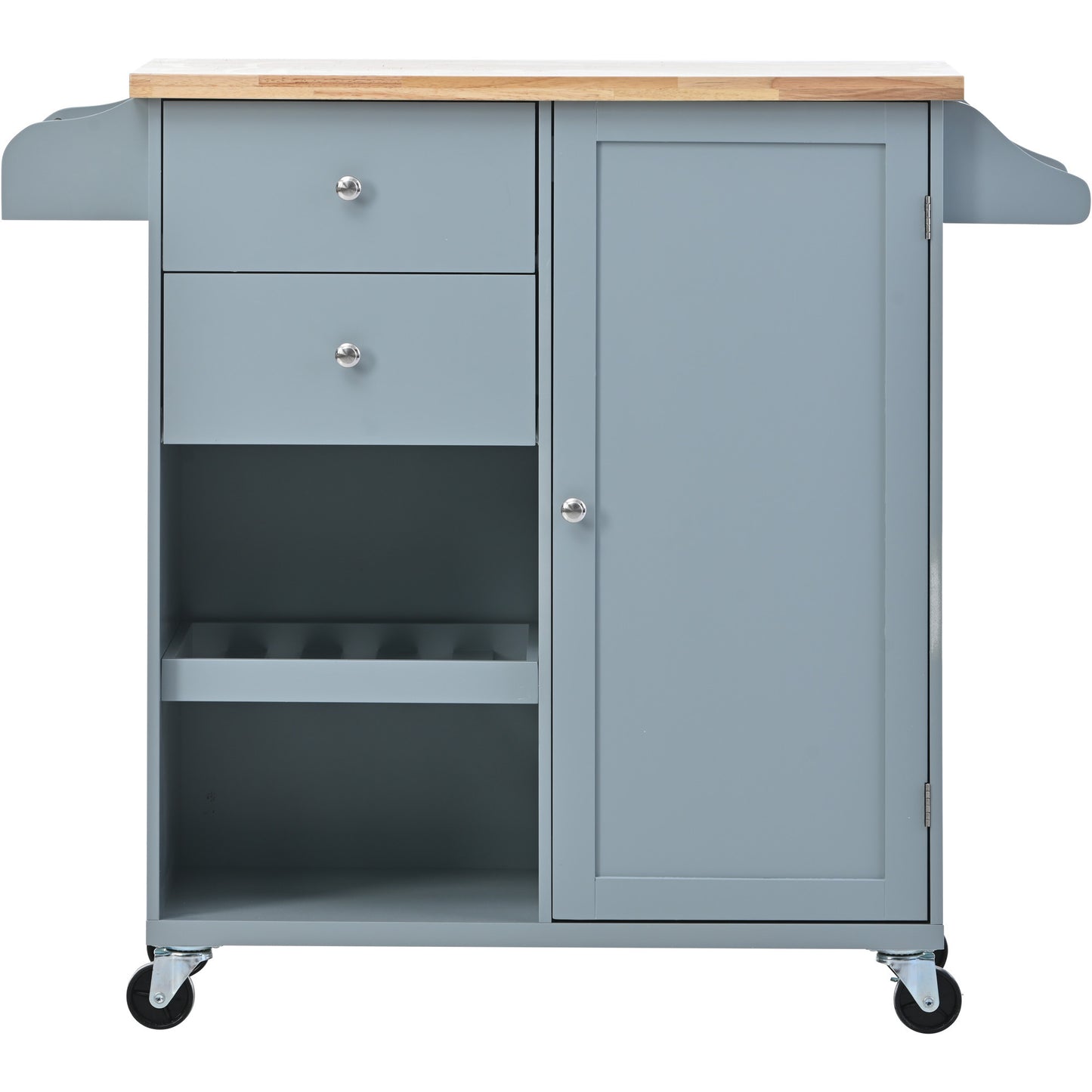 K&K Store Kitchen Cart with Spice Rack ,Towel Rack & Two Drawers,Rubber wood top,Kitchen Island with 4 Wheels for Dining Rooms Kitchens Living Rooms, Grey Blue